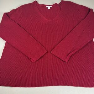 J.Jill V Neck Long Sleeve Cranberry Red Cotton Nylon Viscose Ribbed Sweater EUC‎